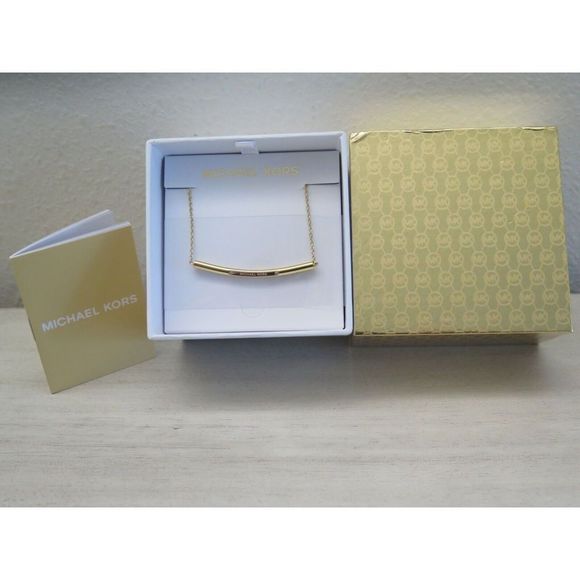 Michael Kors MKJX6572931 Crystal Gold Tone Logo Curved Bar Pendant Necklace - Picture 1 of 7